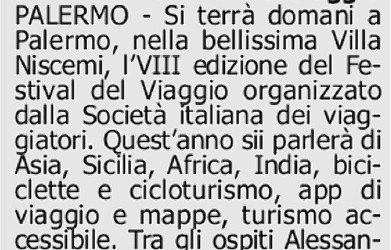 Quotidiano di Sicilia – Domani a Palermo l’VIII edizione del Festival del Viaggio